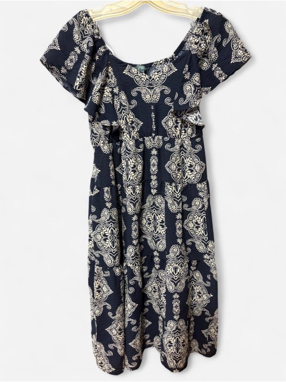 Terra & Sky Navy Dress with White Paisley Print and Ruffle Sleeves